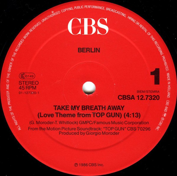 Udrydde Limited cyklus Berlin - Take My Breath Away (Love Theme From "Top Gun") - Vinyl Pussycat  Records