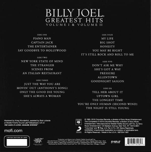 Billy Joel \u200e– Greatest Hits Volume I & Volume II (MFSL) - Vinyl Pussycat  Records