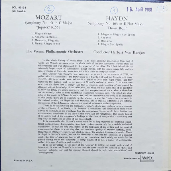 Karajan, Wiener Philharmoniker, Mozart / Haydn - Symphony No. 41 In C Major "Jupiter", K. 551 / Symphony No. 103 In E Flat Major "Drum Roll" 3 Karajan, Wiener Philharmoniker, Mozart / Haydn - Symphony No. 41 In C Major "Jupiter", K. 551 / Symphony No. 103 In E Flat Major "Drum Roll"