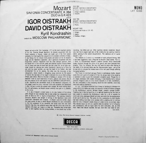 Mozart - Igor Oistrakh, David Oistrakh, Moskauer Philharmonisches Orchester, Kyrill Kondrashin - Sinfonia Concertante For Violin And Viola, K 364 3 Mozart - Igor Oistrakh, David Oistrakh, Moskauer Philharmonisches Orchester, Kyrill Kondrashin - Sinfonia Concertante For Violin And Viola, K 364
